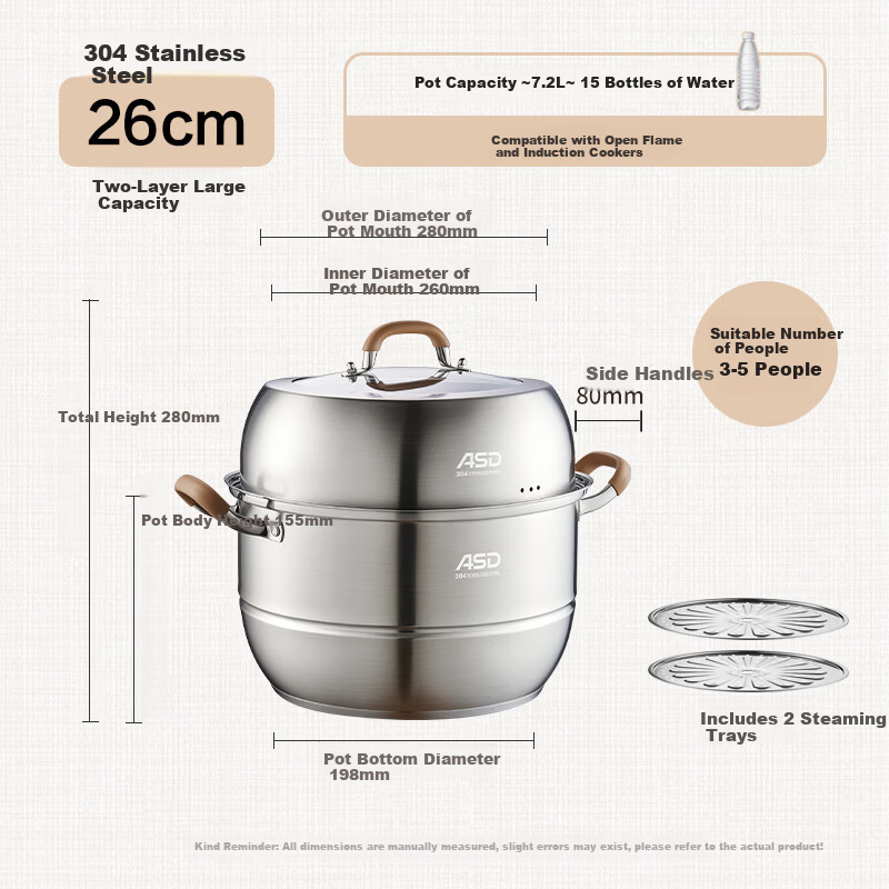 ASD Steamer Pot, Whole Pot 304 Stainless Steel Double-Layer Household Steaming And Cooking Pot, 26CM Multi-Layer Enlarged Non-Flavor Transfer Steamer Q2
