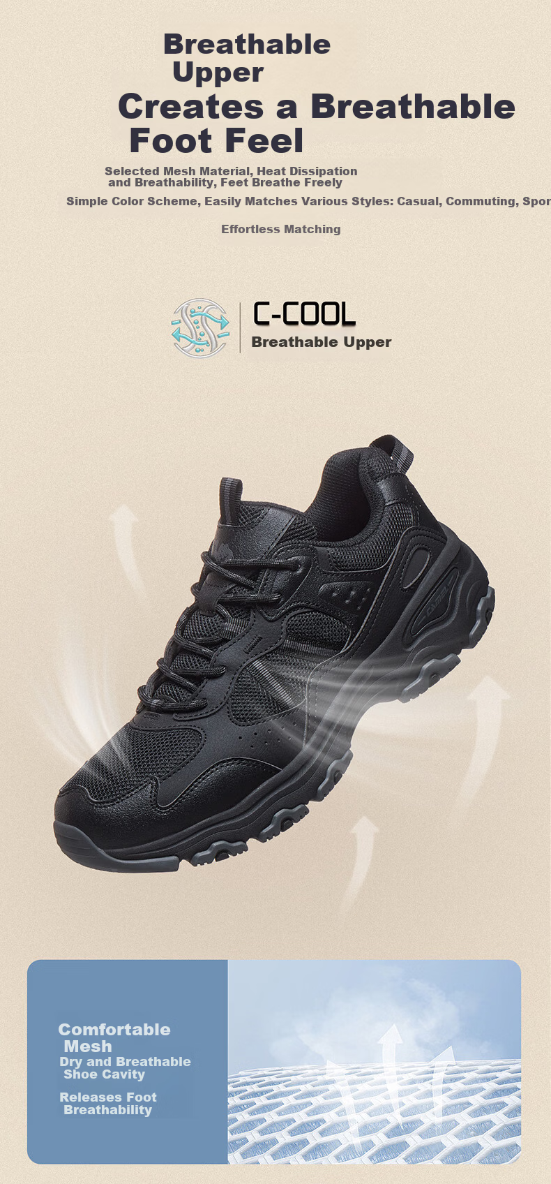 CAMEL Xinghai 2nd Generation Men's Breathable Thick-Soled Casual Sports Shoes K16B09L7075 Black/Castle Gray Size 42 8