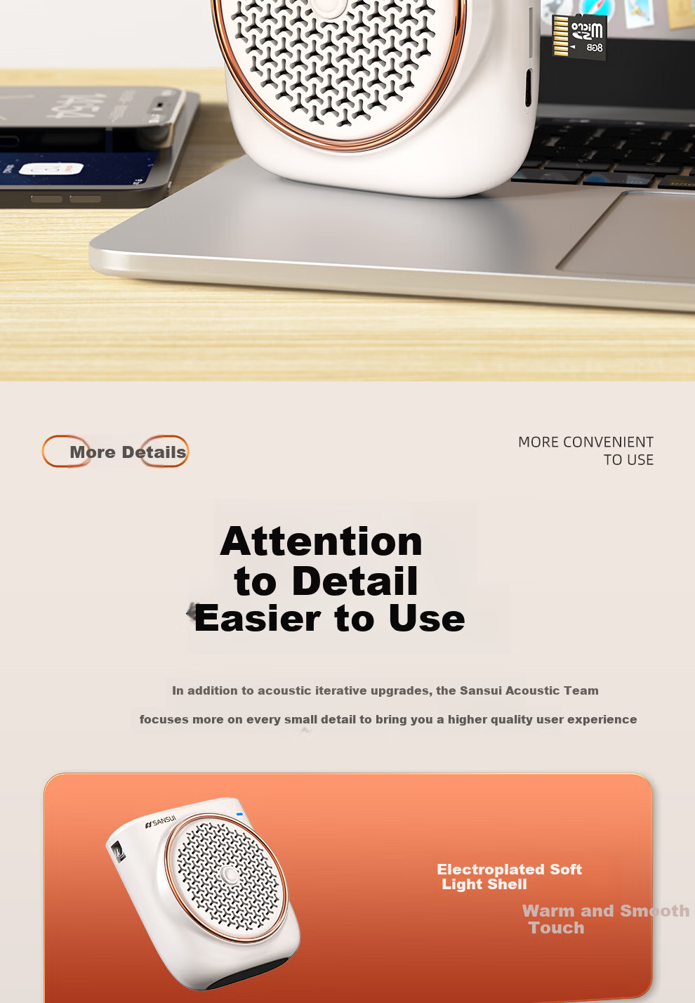 SANSUI Little Bee Amplifier Teacher Wireless Lapel Bluetooth Speaker Anti-Howling Microphone TF Card USB Speaker Tour Guide Outdoor Portable MV10 13