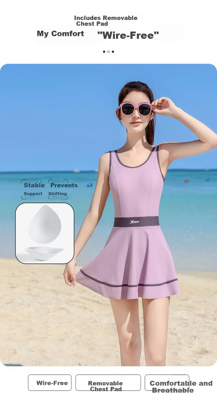 Xtep Women's Sleeveless One-Piece Swim Dress Slimming Tummy Control Conservative Beach Vacation Versatile Swimsuit 4