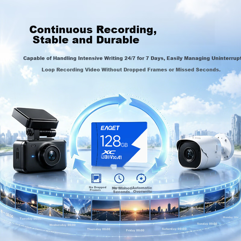 EAGET 128GB TF (MicroSD) Memory Card U3 C10 A1 V30 High-Speed Version for Dash Cam & Surveillance Camera, Phone Memory Card, Read Speed 100MB/s