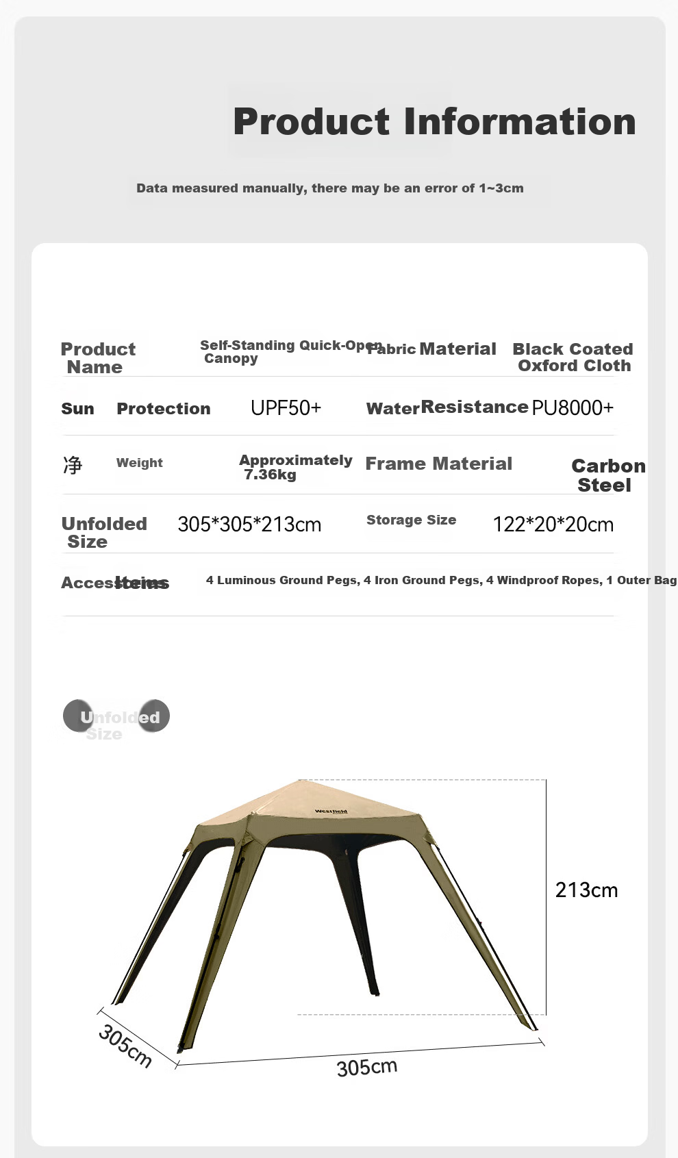 Westfieldoutdoor, Myfei Outdoor Camping Equipment, Self-Standing Quick-Open Canopy, Tarpaulin Door Curtain Accessories 8
