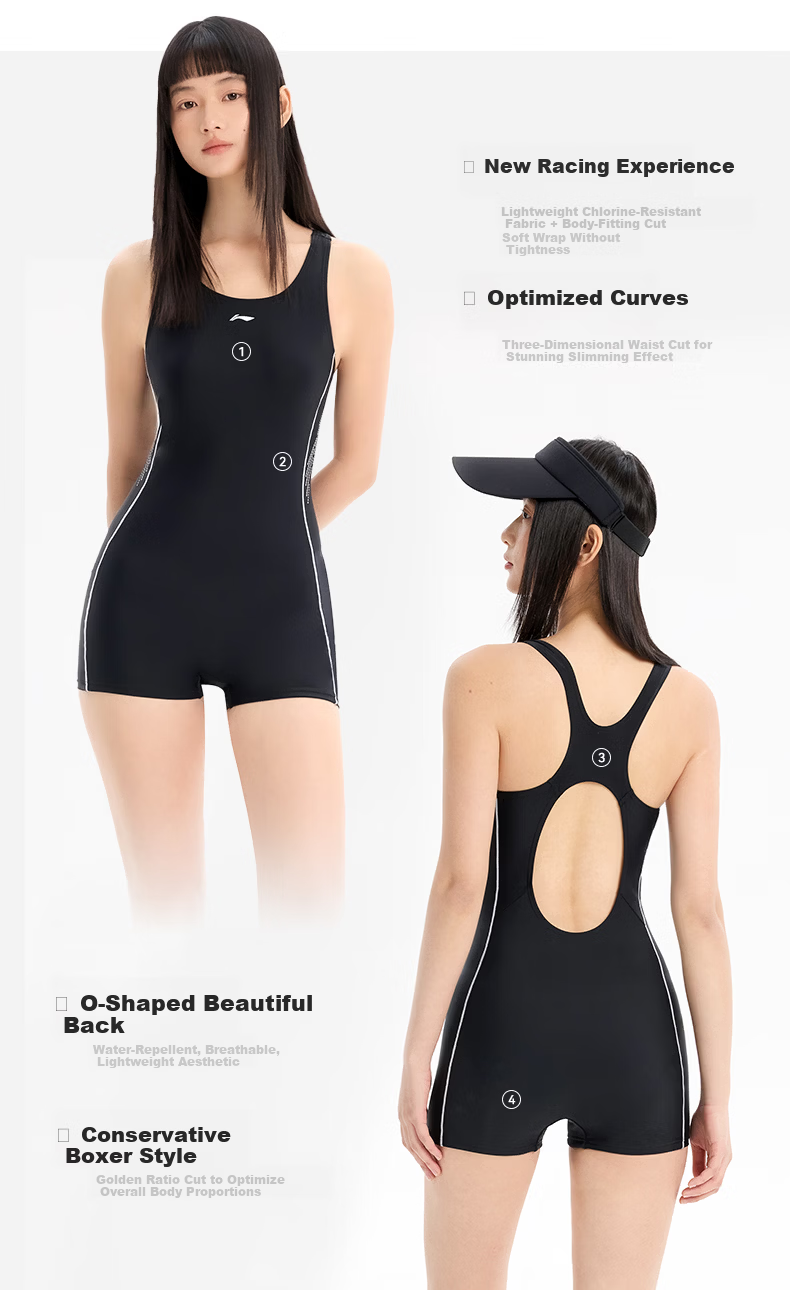 LI-NING Women's One-Piece Square Leg Professional Sports Swimsuit, Tummy Control, Slimming, Spa Vacation Swimwear 1471 Black 2XL 6