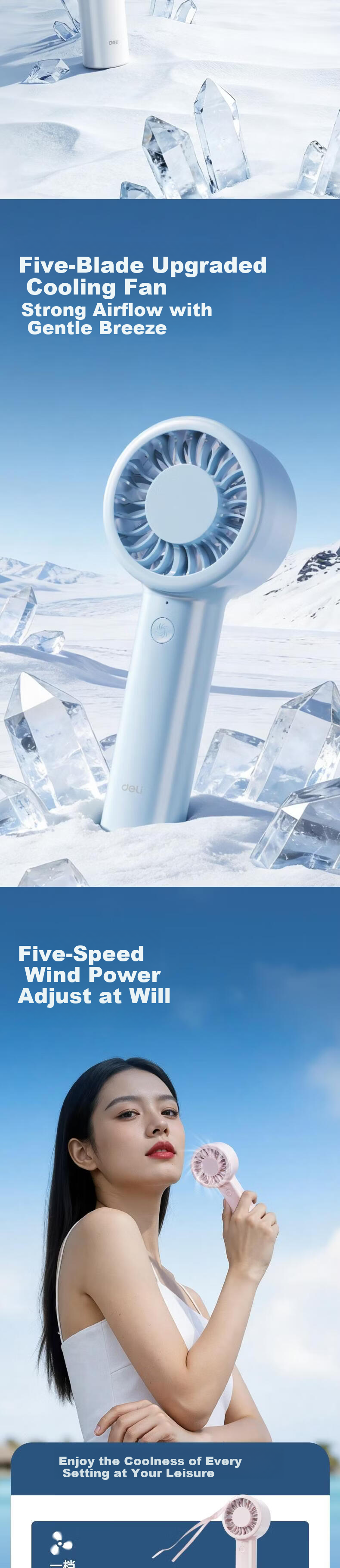 Deli Handheld Mini Fan 5-Speed Portable Ultra-Long Battery Life Silent Desktop Cooling Fan White LK110 2