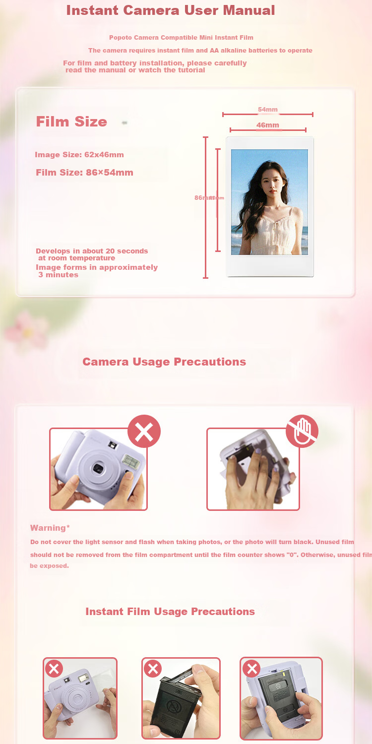 POPOTO Instant Camera Student Selfie Travel Portable One-Time Imaging Camera Gift Box with 10 Photo Papers Rose Blossom Edition 11