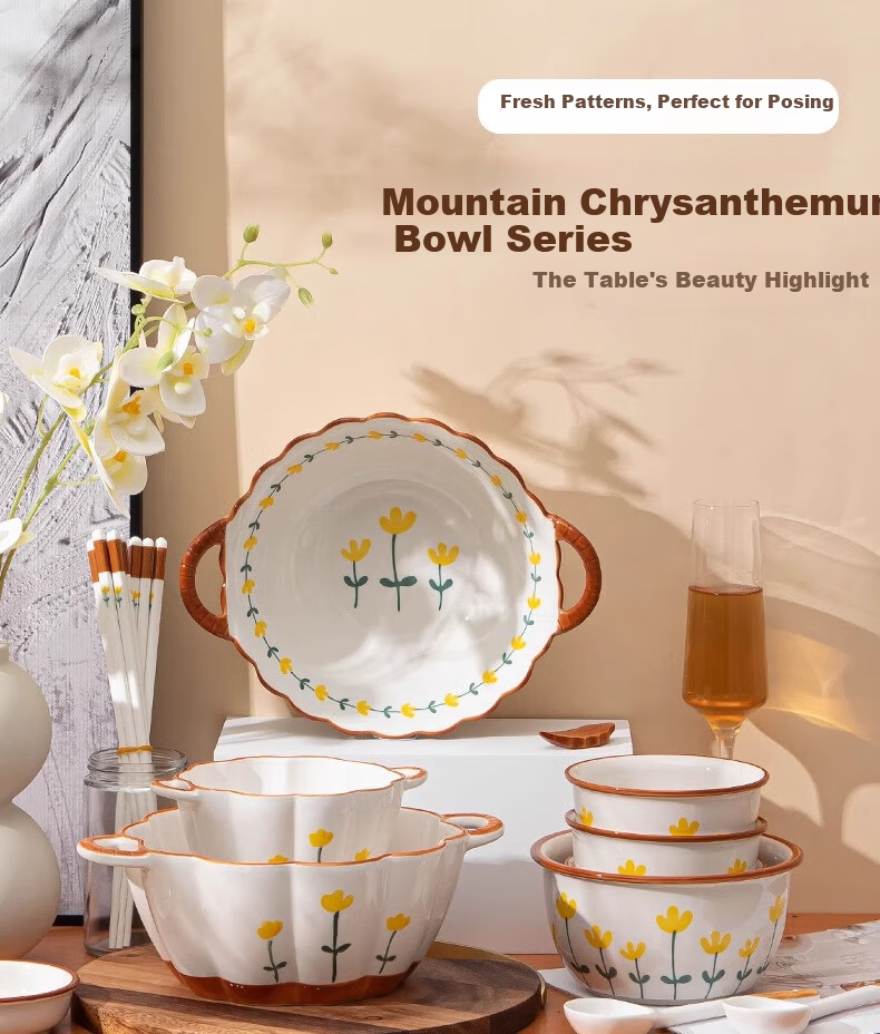 CERAMICS, Shanjuhua 9.5-Inch Double-Handled Soup Bowl, Home Use, High Aesthetic Value, Fresh Ceramic Large Bowl, Heat-Resistant Noodle Bowl with Spoo 1