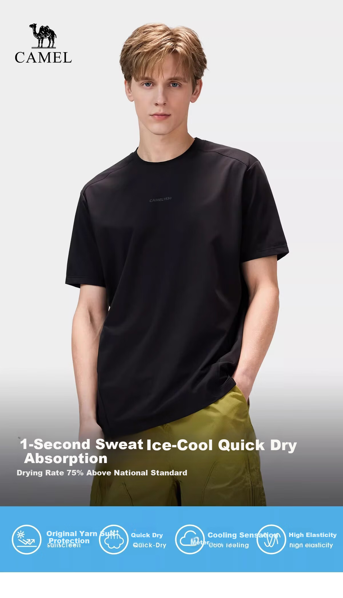 CAMEL Outdoor Quick-Dry T-Shirt Women Summer 26 Short Sleeve Original Yarn Cooling Breathable Hiking Mountaineering Sun Protection T-Shirt Men 1053 1