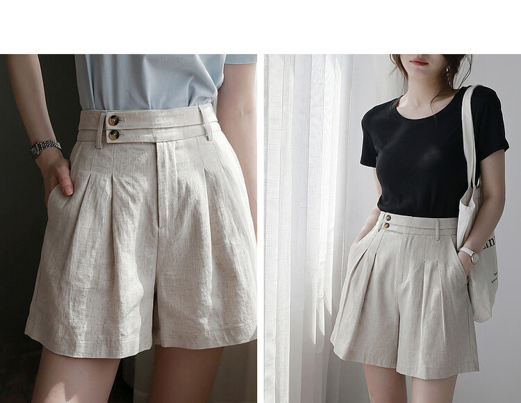 Demana Breathable Linen Feel Summer Commuter Wide-Leg Pleated Two-Button Loose Slimming Women's Casual Shorts 21