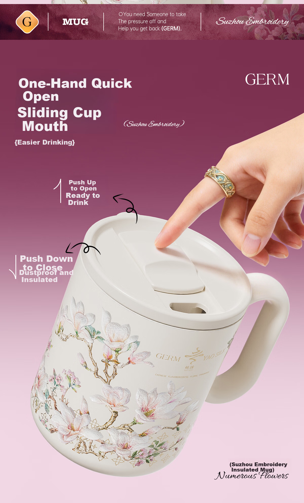 Germ Intangible Cultural Heritage Su Embroidery Mark Insulated Mug High-Value Office Water Cup Tea Cup Women's Gift Cup 450ML Magnolia 7