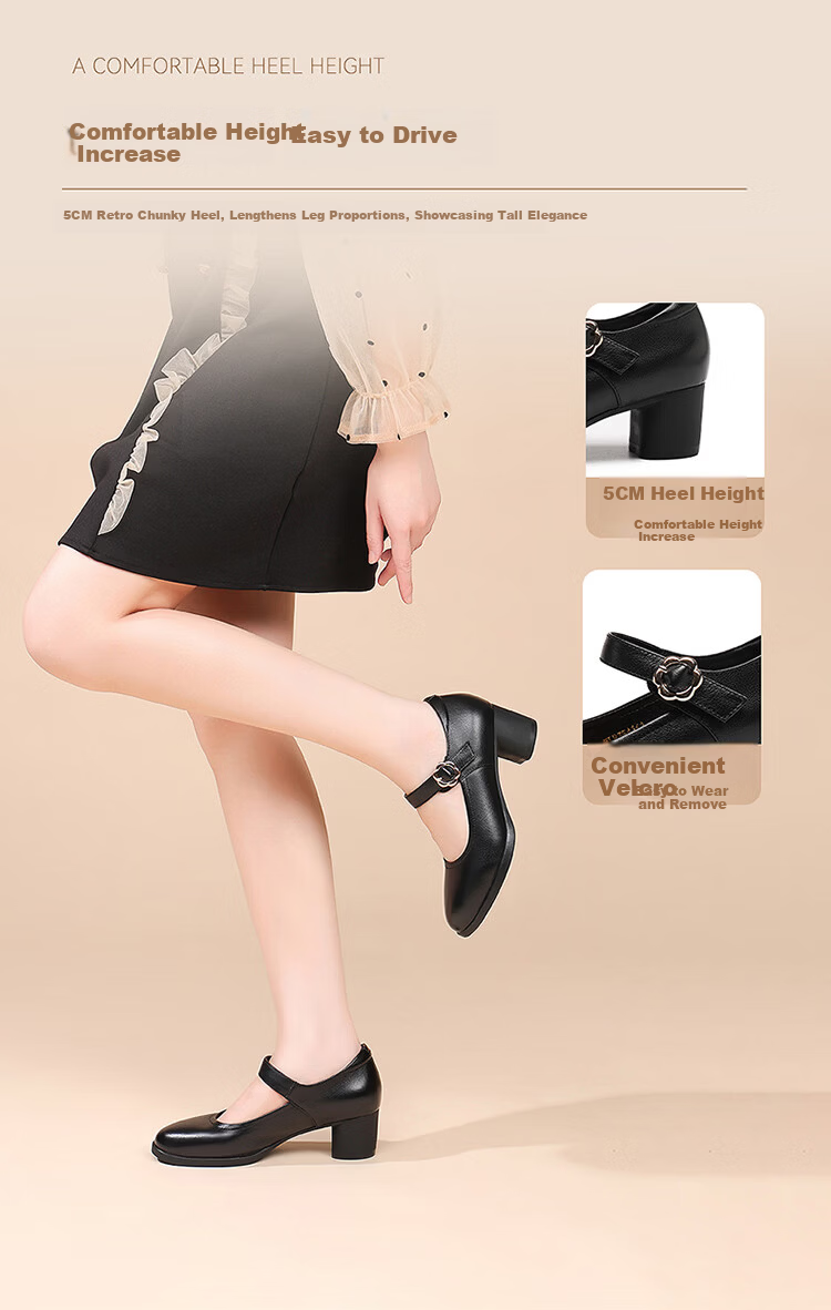 Red Dragonfly Mary Jane Women's Small Leather Shoes Shallow High Heels Casual Single Shoes Thick Sole Mom Shoes WLB354161 Black Size 36 5
