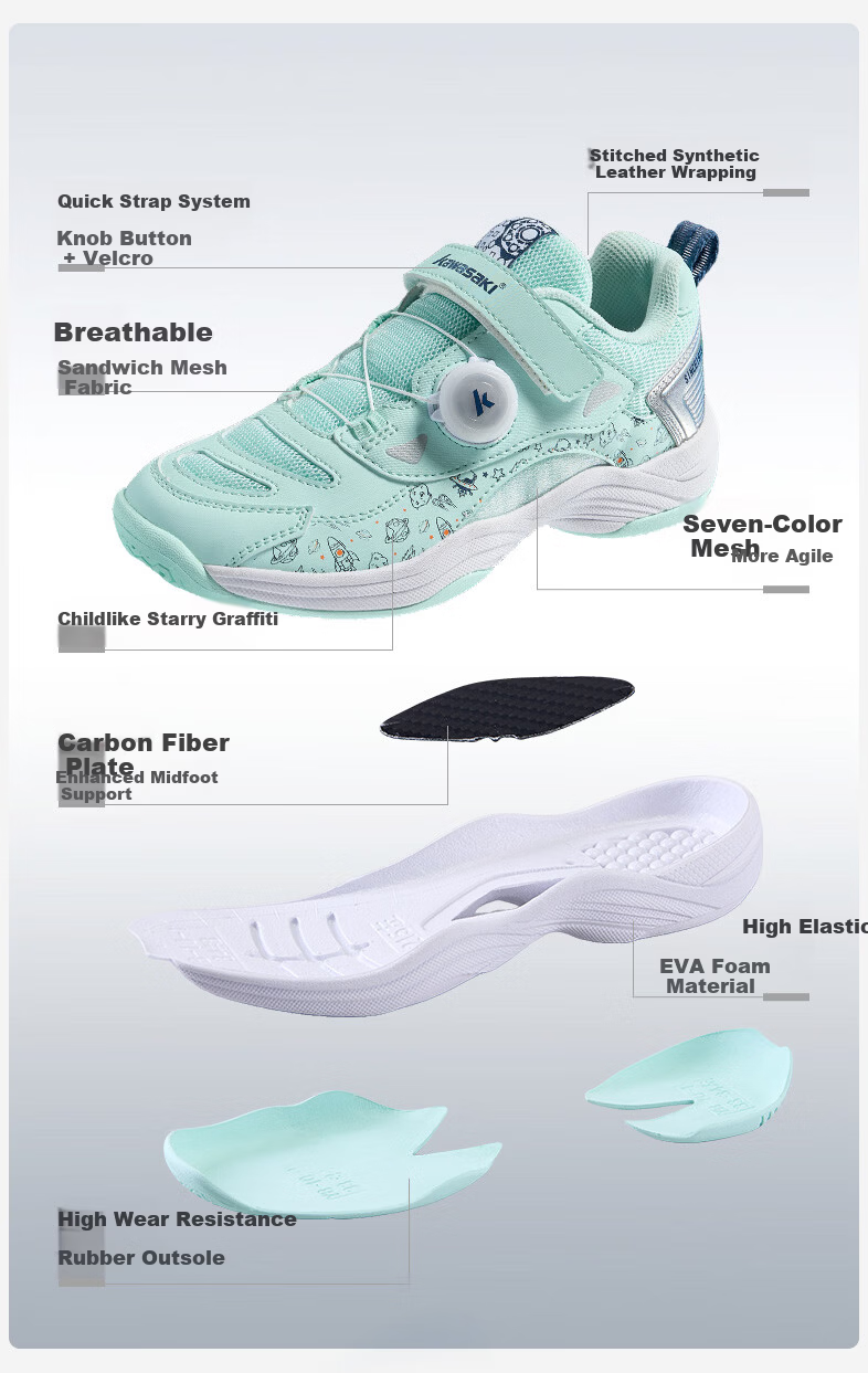 KAWASAKI Kids Badminton Shoes Anti-Twist Wear-Resistant Dial Buckle Velcro Starlight D42039 Pink Size 37 3
