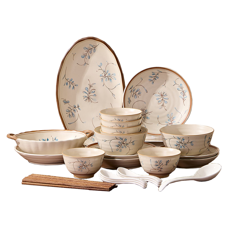 Hechuanwu Bowl and Plate Dinnerware Set 2026 New Japanese Style Hand-Painted Orchid and Grass Underglaze Color Dinnerware Set for Four
