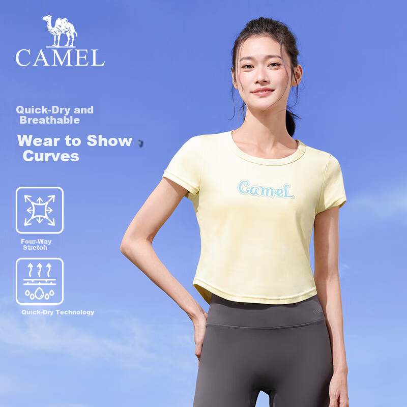 CAMEL Cotton-Feel Sports T-Shirt for Women Quick-Dry Breathable Casual Short Sleeve Top Y26BAVLZ020 Cheese Yellow S