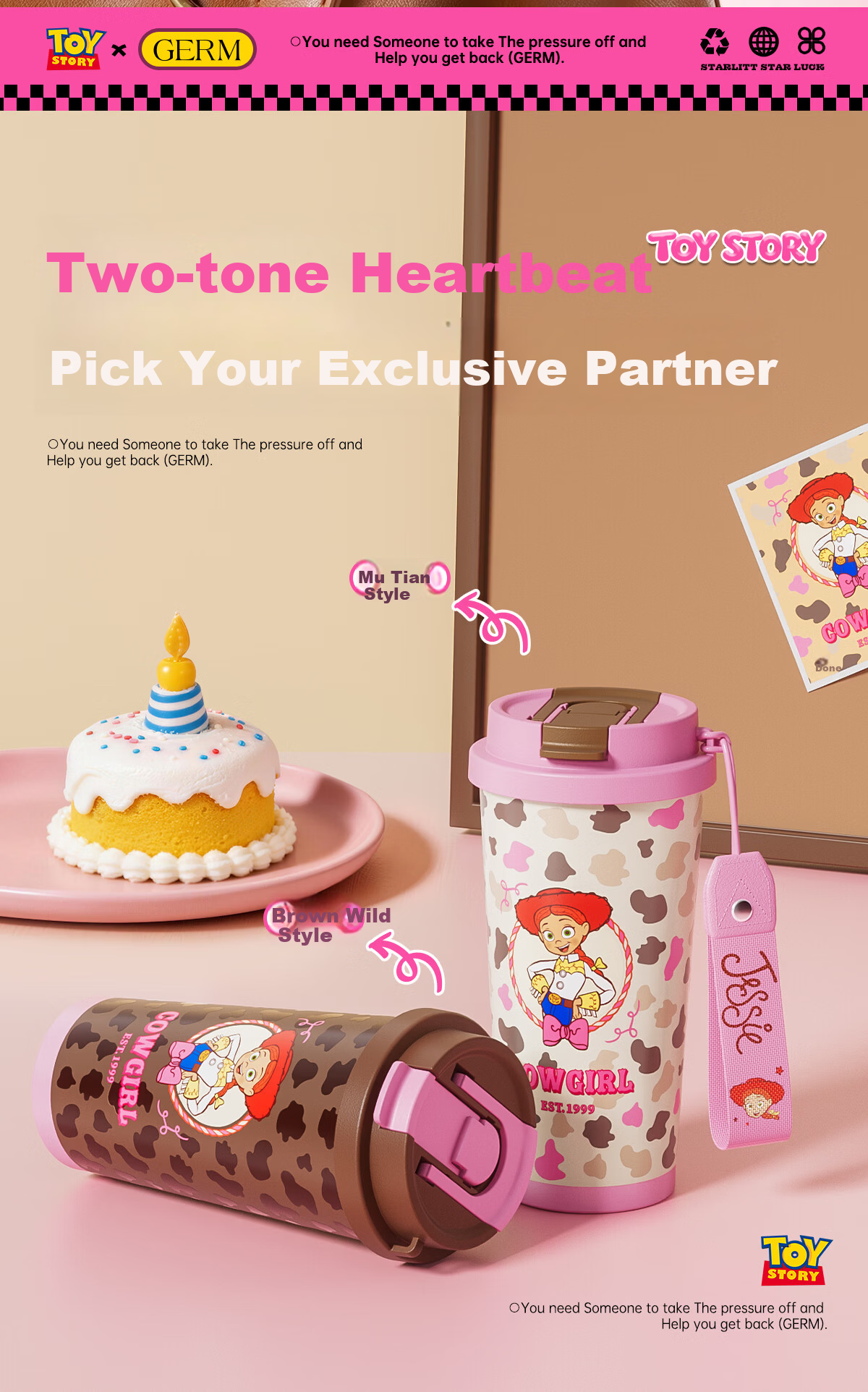 Germ Toy Story Kids Insulated Water Bottle with Straw, Dual-Use Coffee Cup, Portable 580ML, Tris Pink 12