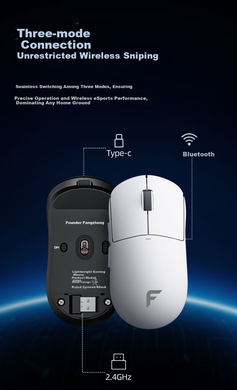 Founder Tri-Mode Gaming Mouse Wired/2.4G/Bluetooth 60G Ultra-Lightweight Feel Small to Medium Hand S205 Esports Chip All-Purpose Gaming Office Mouse G980 Pure White 5