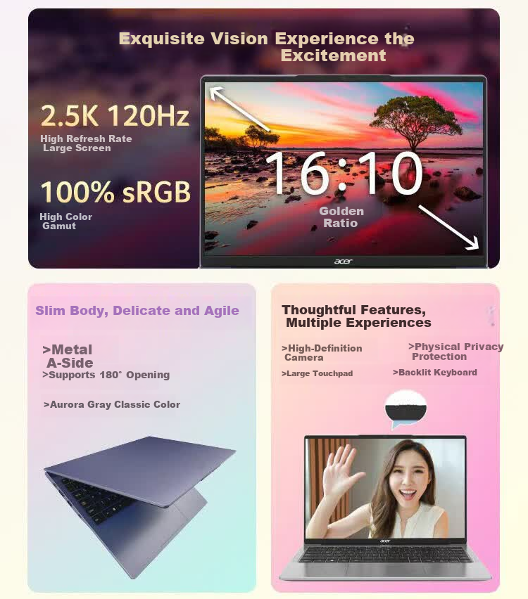 Acer Mowu 16-Inch High-Performance Thin And Light Office Laptop, Core C5-210H, 32GB RAM, 1TB Storage, 2.5K Gray, Three-Year On-Site Service 3