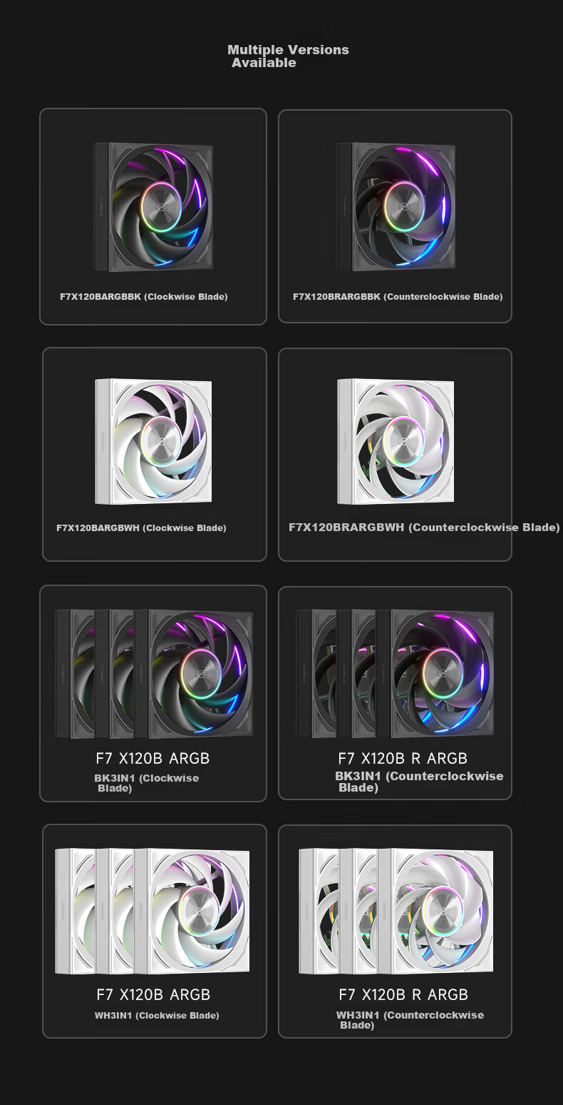 PCCOOLER Wing F7 X120B ARGB Black 12cm Case Fan High Air Pressure Dual Ring Fan RGB Sync PWM Temperature Control Dual Ball Bearing 3