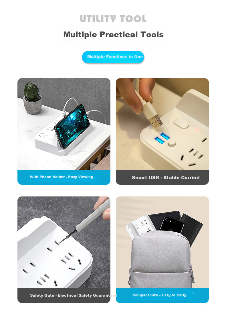 Sushiermo Multifunctional USB Power Strip Socket with Phone Holder, 4 Outlets, 1.8m Cord, Master Switch, Suitable for Office/Desk Use 6