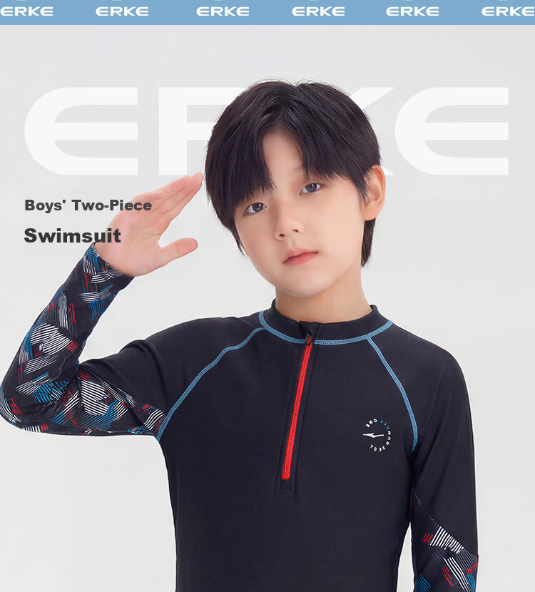 ERKE Children's Swimwear, Boys' Long-Sleeve Shorts Two-Piece Swimsuit, Sun Protection Breathable Professional Boys' Swimwear Set 1