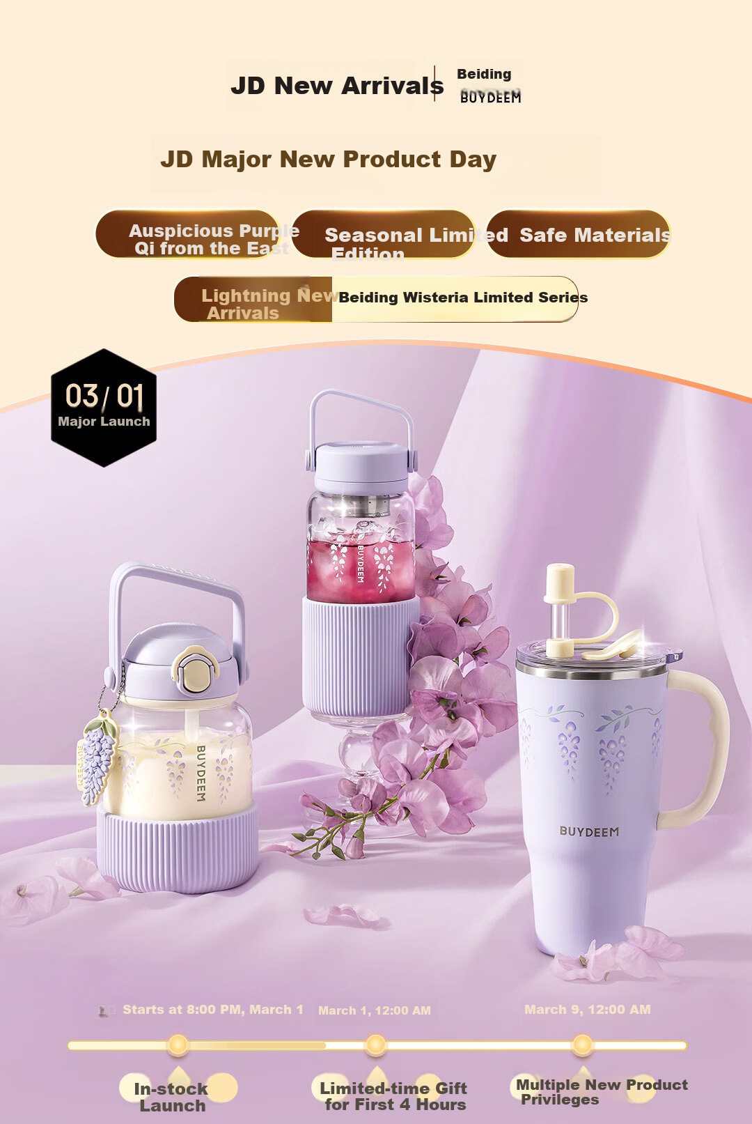 Buydeem Large Capacity Insulated Food Grade 316 Stainless Steel Water Bottle for Women and Men, Wisteria Series, Holiday Gift 1