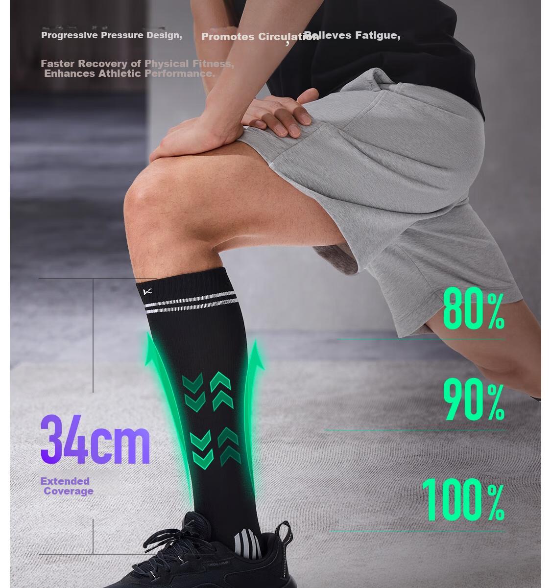 Keep Men's Long Compression Sports Socks Professional Marathon Football Running Calf Socks 2 Pairs Black Size M 5