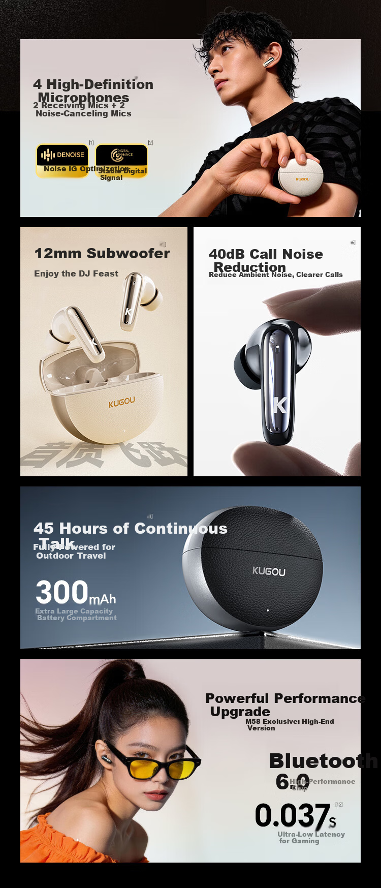 KUGOU M58 True Wireless In-Ear Bluetooth 6.0 Earphones with 4-Mic Call Noise Cancellation, Long Battery Life, Low Latency for Music, Gaming, Sports, Compatible with Huawei, Xiaomi, Oppo 4