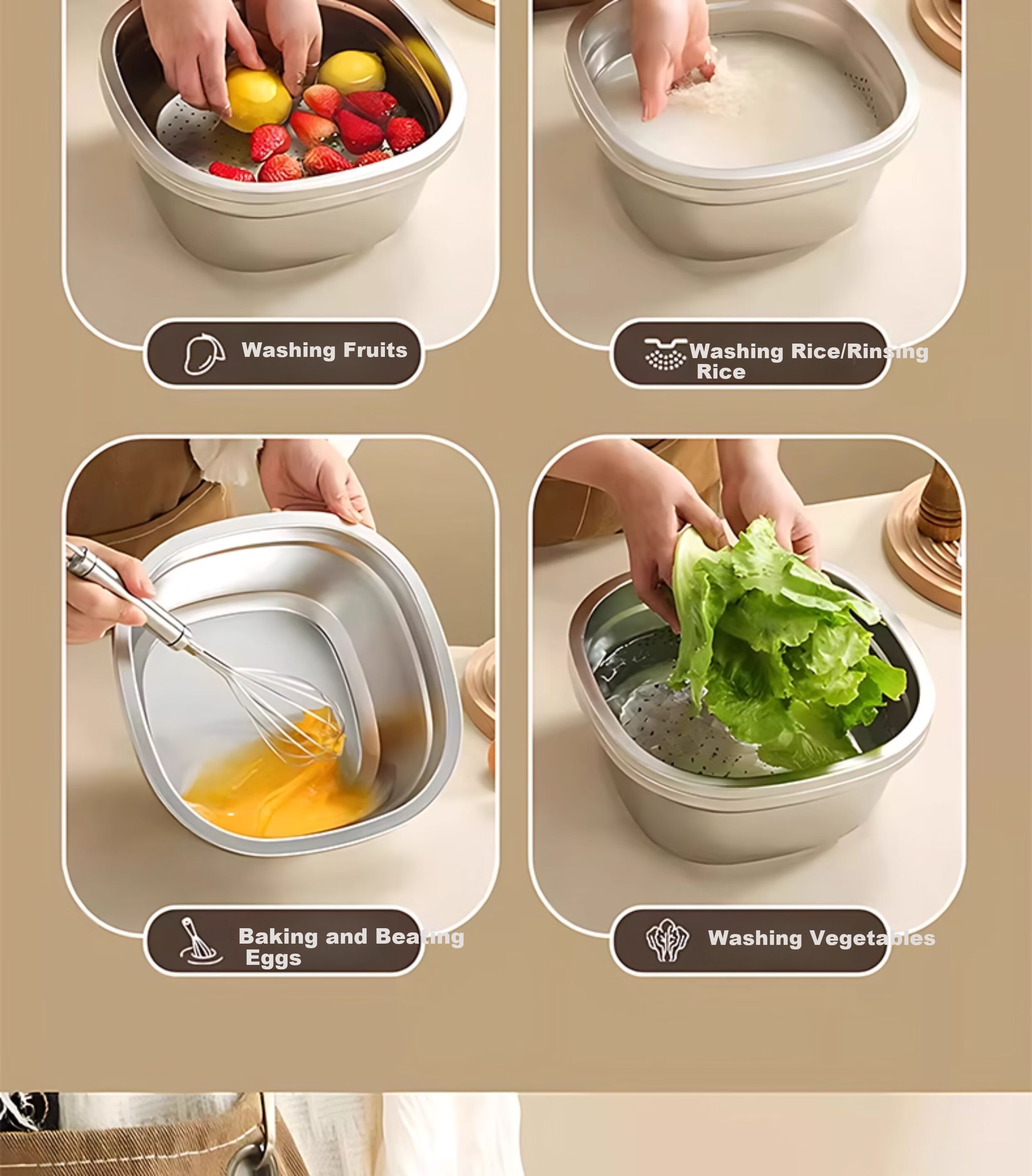 Guofeng Food-Grade Stainless Steel Square Kitchen Basin Rice Washing Bowl 26cm 11