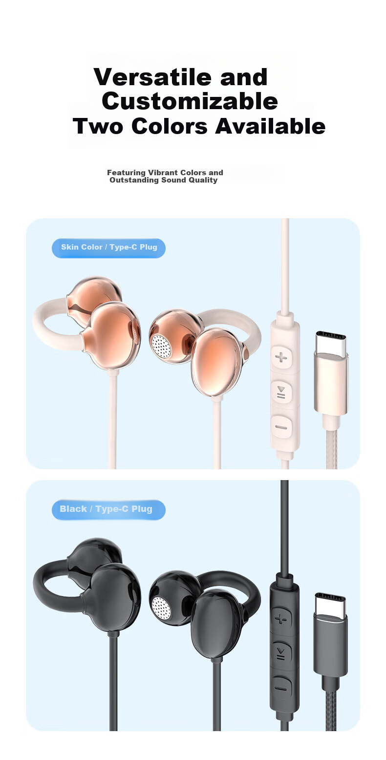 EZHK Wired Clip-On Type-C Earphones Noise Cancelling Non-In-Ear Earbuds Compatible with Apple Huawei Honor Xiaomi 15