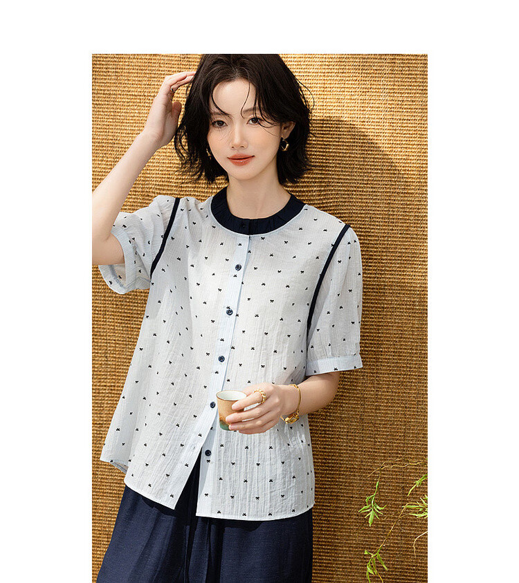Demana [Smooth Lyocell] Summer Color-Block Bowknot Printed Round Neck Striped Short Sleeve Loose Petite Women's Shirt 17