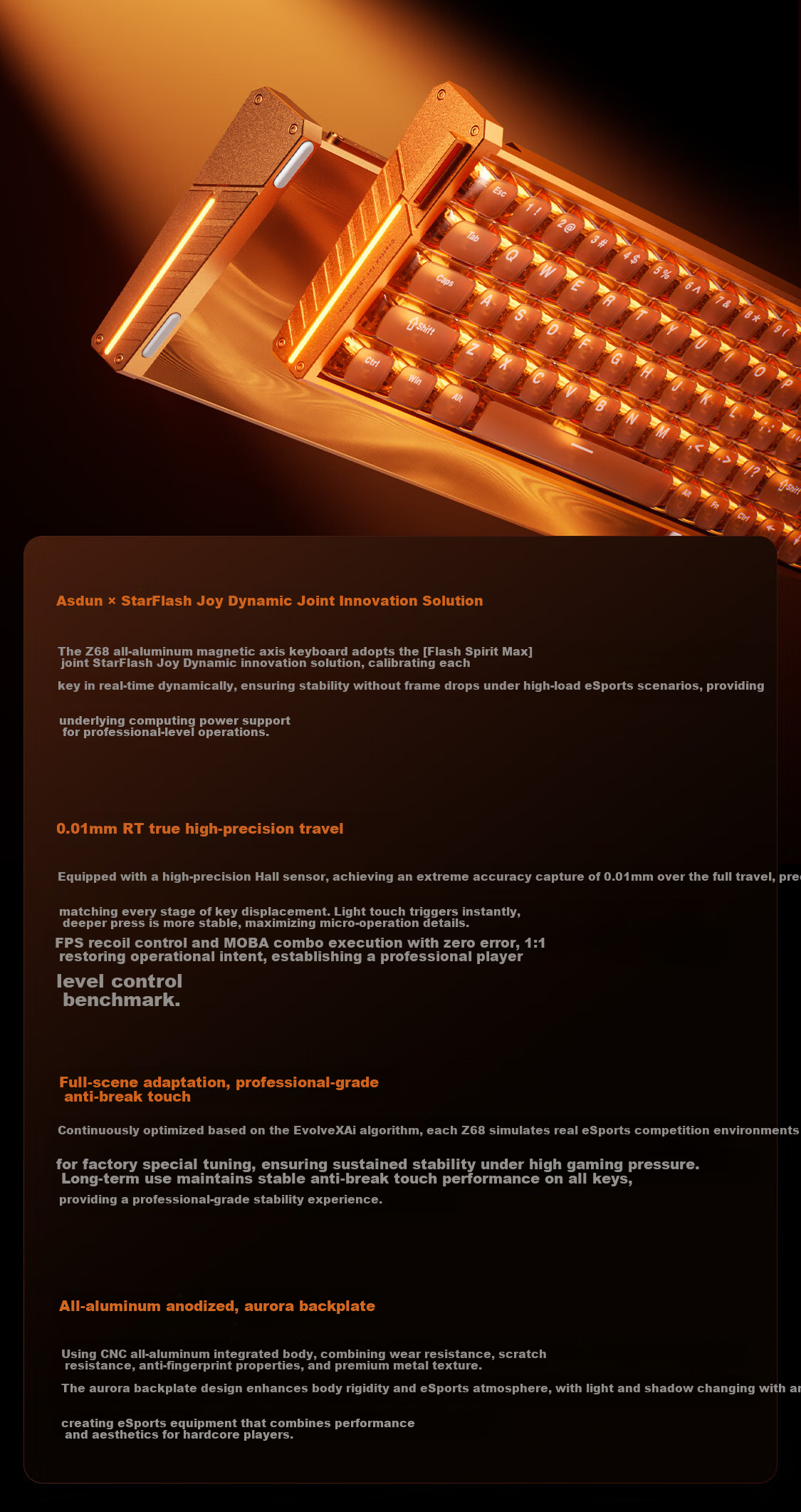 AUSDOM Z68 Full Aluminum Magnetic Shaft Keyboard RT Esports Gaming Mechanical Keyboard Customizable Wired Hot-Swappable Aluminum FPS Valorant 68-Key Star Flash Orange 3