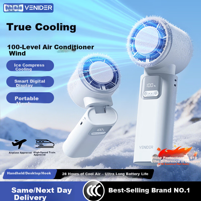 VENIDER 2026 Heavy-Duty Ice Cooling High-Speed Handheld Folding Mini Portable Outdoor Desktop USB Neck Hanging Rechargeable Silent Long-Lasting Fan for Students Dormitory