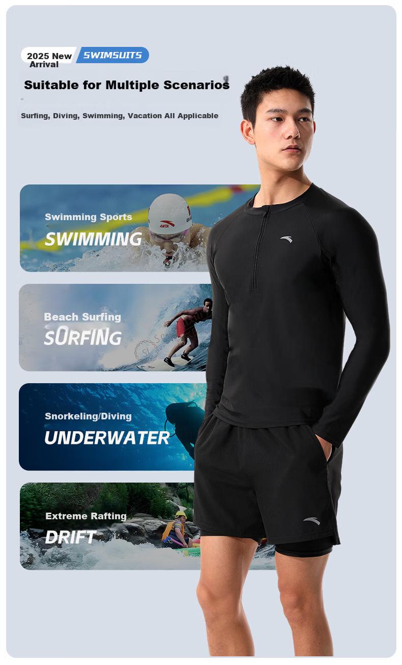 ANTA Men's Long Sleeve Swim Shirt Quick-Dry Anti-Embarrassment Professional Hot Spring Zip-Up Surfing Swimwear XL 2