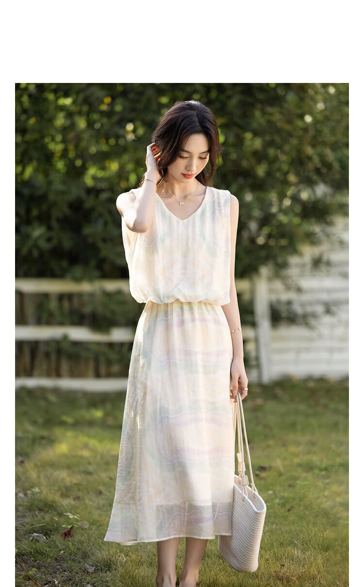Demana [Smooth Lyocell] Summer French Vacation Style V-Neck Sleeveless Printed Slim Dress for Petite Women 11