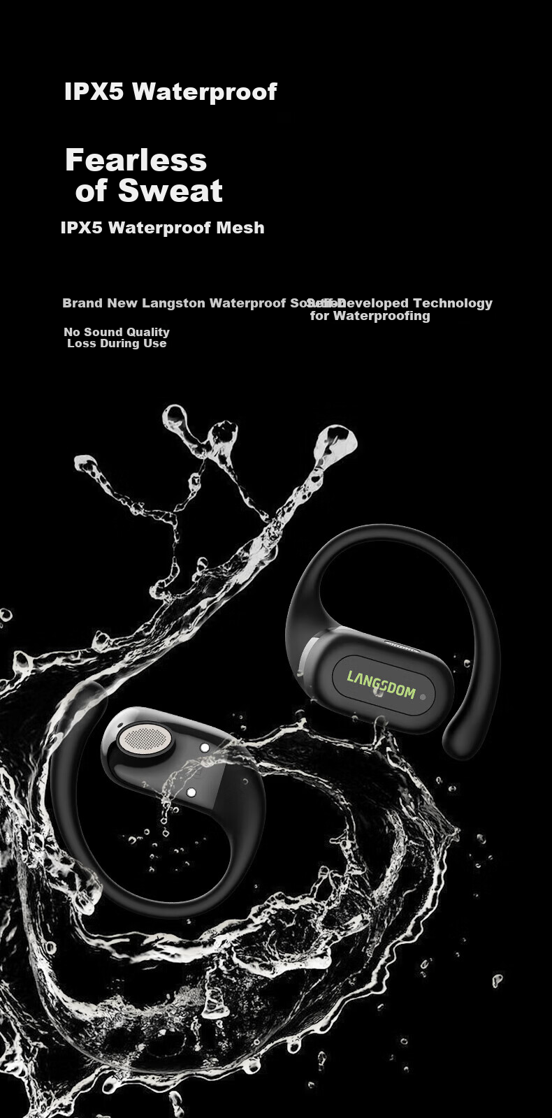 Langston TS19 Bluetooth Bone Conduction Open-Ear Earhook Headphones Matte Black 7