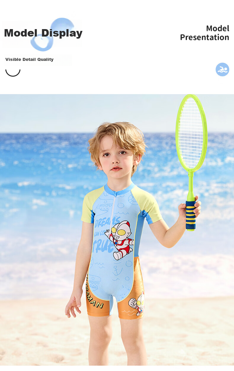 Youyou & Classic Ultraman Children's Swimwear Large Kids One-Piece Thermal Sun Protection Swimming Set 3-Piece 35468 Navy XL 5