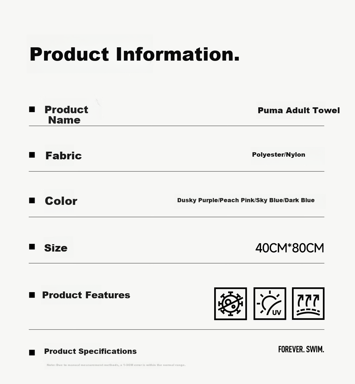 PUMA Adult Sports Towel 10A Antibacterial Skin-Friendly Quick-Dry Beach Vacation Swimming Cooling Sweat-Absorbent Towel 27