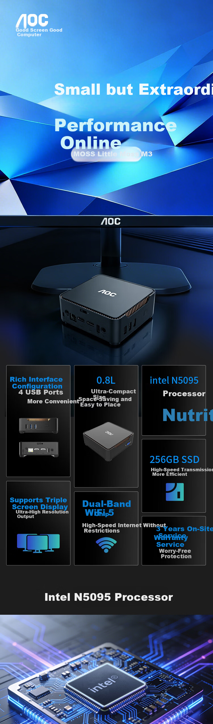 AOC Subsidized Mini PC MOSS Mini Moss M3 Commercial Office Home Mini Desktop Computer N5095 8GB 256GB Wall-Mountable 1