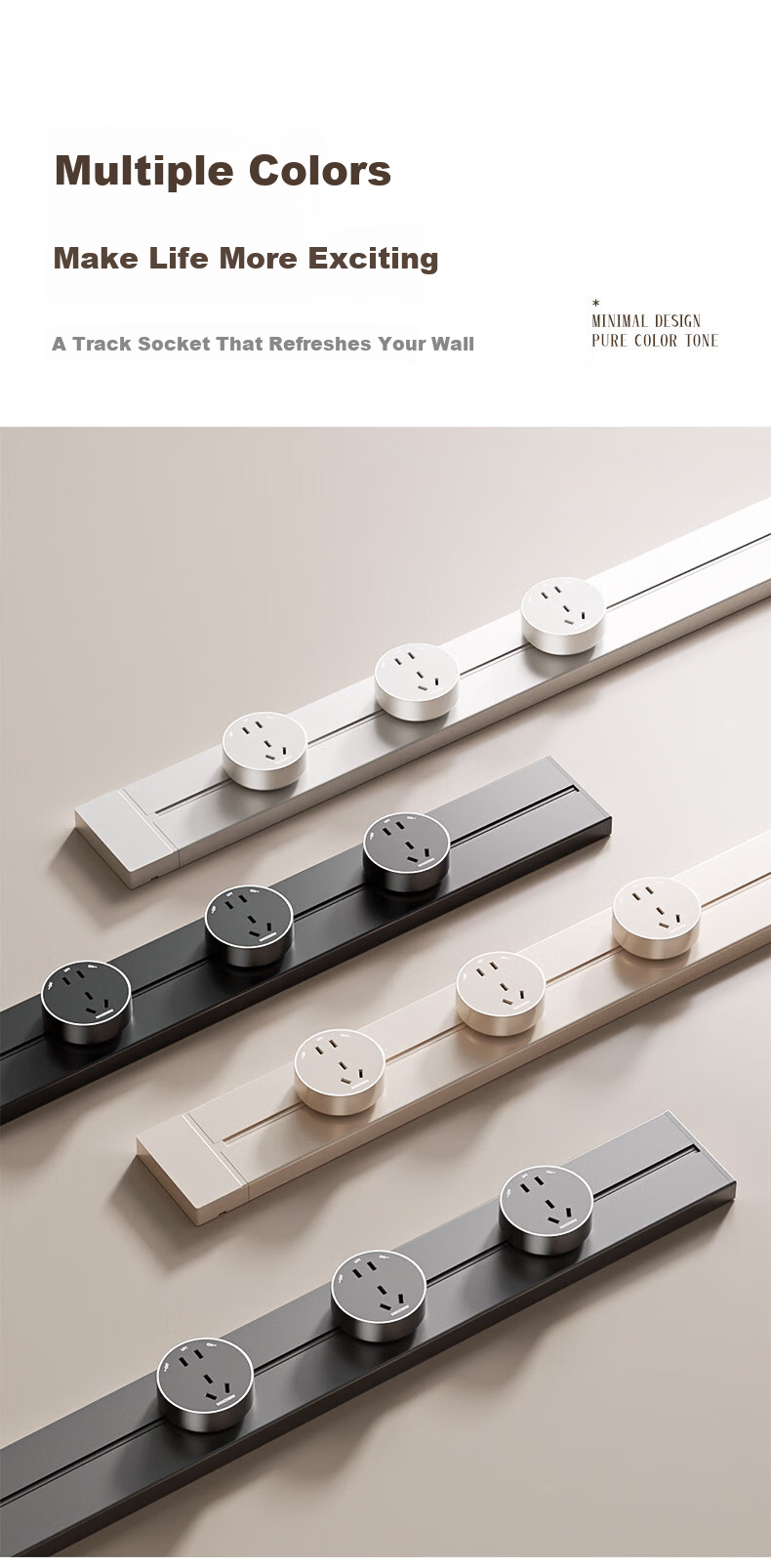 AUX Track Socket Sliding Rail Multi-Functional Power Strip Surface Mounted Wall-Mounted Guide Rail Socket 60cm Track + 5 Black Five-Hole Outlets 11