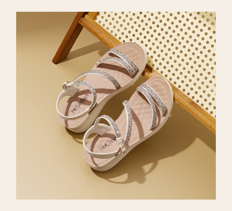 MULINSEN Women's Summer Low-Heel Sandals, Outdoor Beach Shoes, Fairy Style Single Strap Platform Sandals, Beige, Size 38 25
