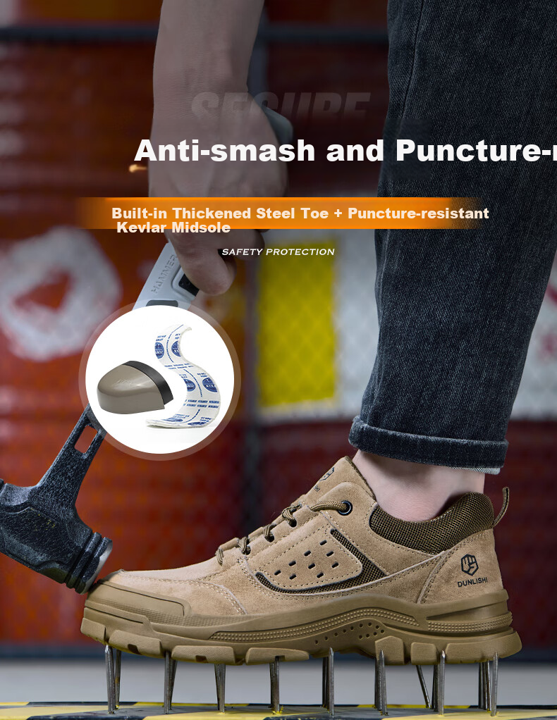 Dunlishi Steel Toe Safety Shoes Men Anti-Smash Anti-Puncture Work Shoes Women Comfortable Durable Protective Construction Shoes 0052 Khaki All-Season Size 37 5