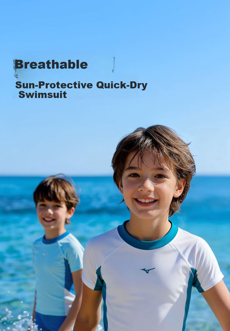 MIZUNO Kids Boys Two-Piece Swimwear Short Sleeve Quick-Dry Sun Protection Surfing Hot Spring Swimsuit GB431 Off-White Blue 120 1