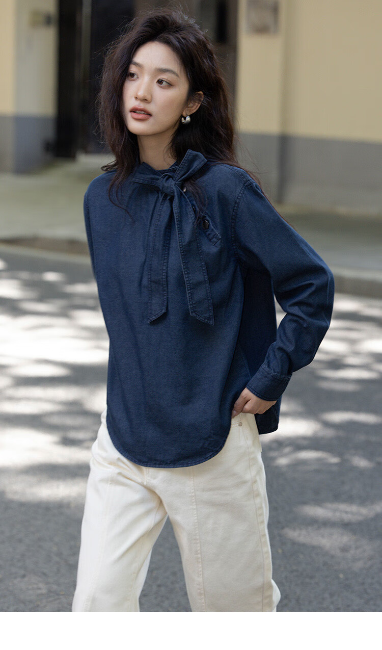 Dme [Strap Stand-Collar Shirt], Autumn Elegant Deep Blue Slanted Doorway Collar Niche Design Blouse for Wome 8