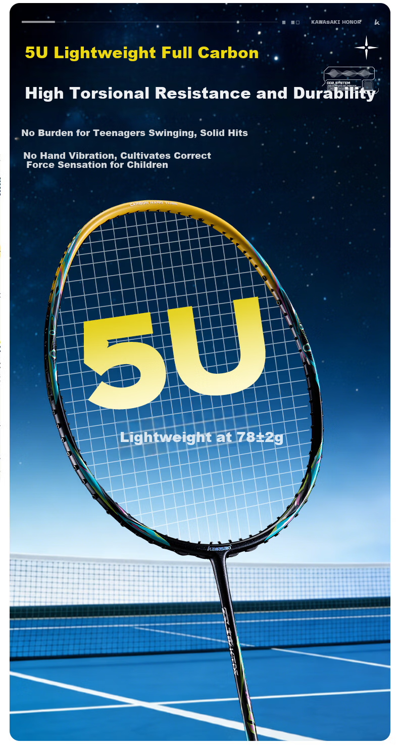 KAWASAKI Badminton Racket Feitian 66 Full Carbon Single Racket 4U Balanced for Attack And Defense Competition Training Racket Canglan Qing (Strung) 8