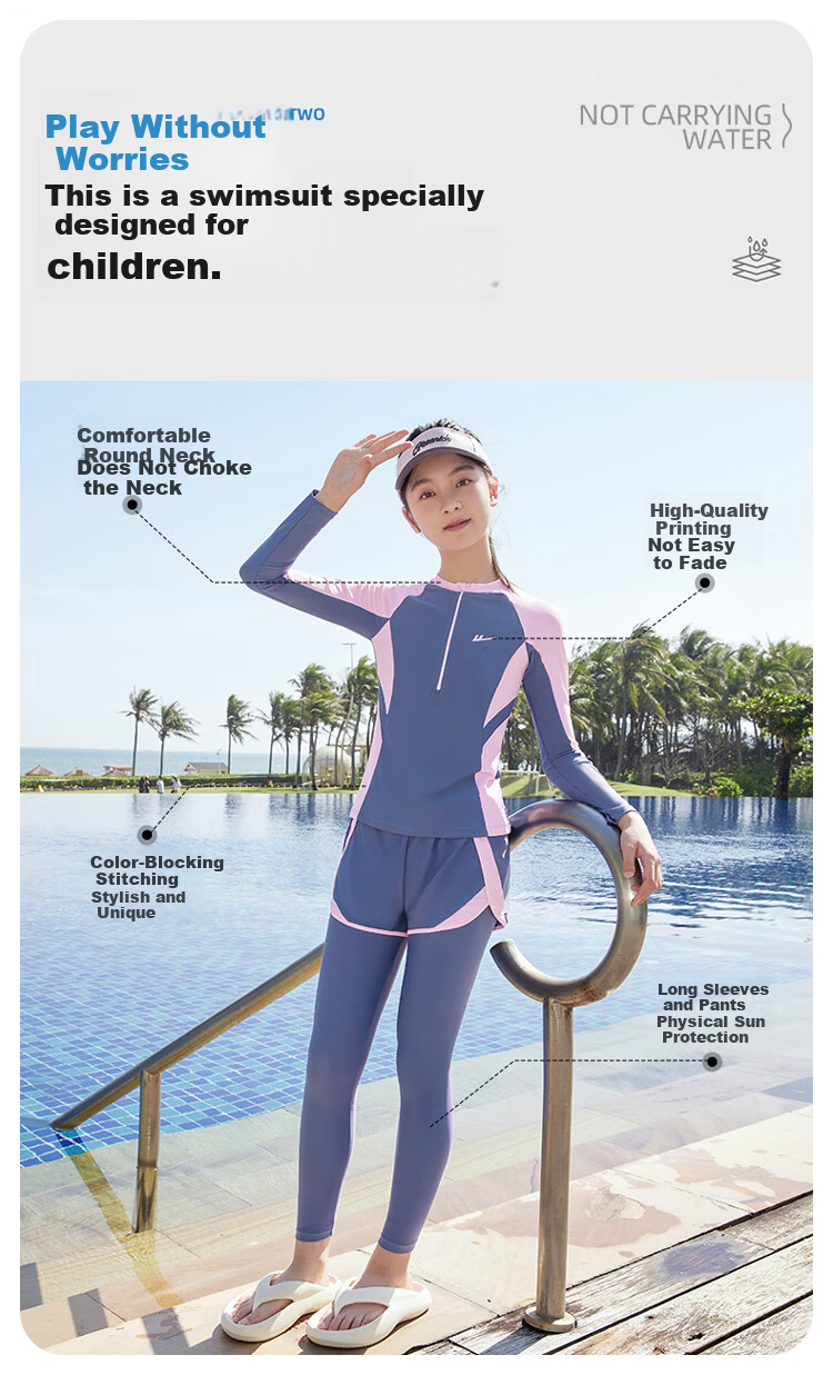Warrior Children's Two-Piece Long Sleeve Long Pants Swimsuit for Older Kids Hot Spring Girls Swimsuit 36135H2K Pink Blue Size 120 3