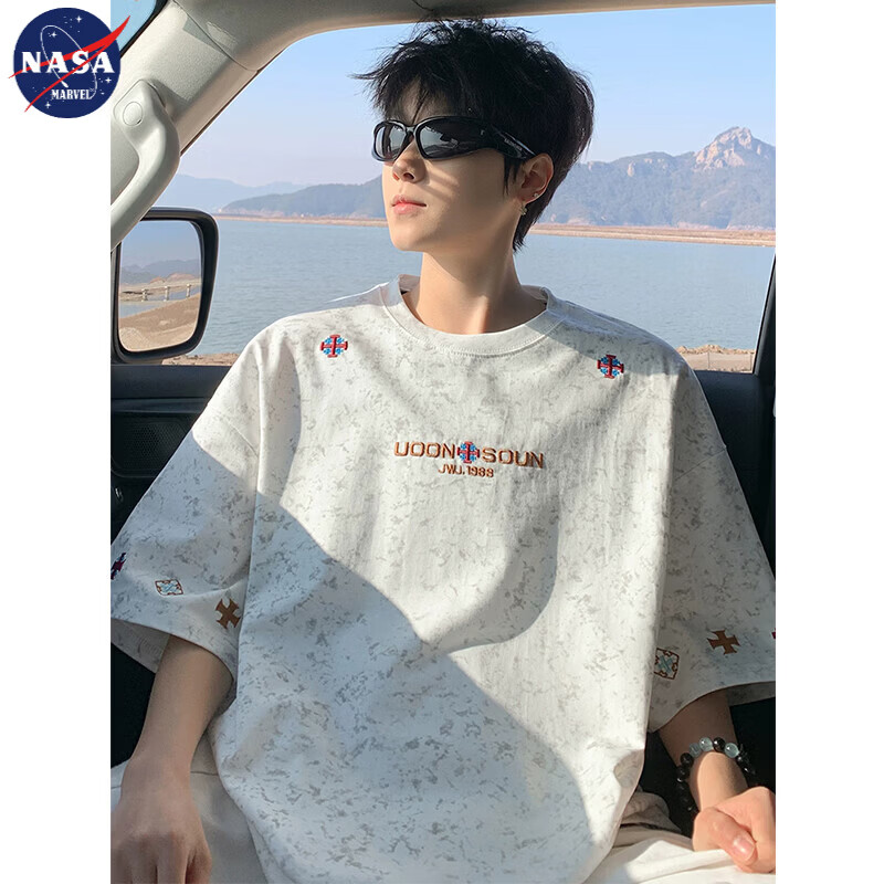 NASA MARVEL Heavyweight American Style Tie-Dye Letter Embroidered Short Sleeve Men's T-Shirt Summer Trendy Crew Neck Loose Fit Tee Shirt
