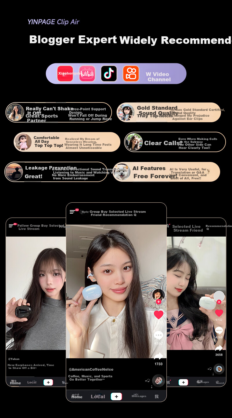 Yinbeiqi New ClipAir Wireless Bluetooth Earphones AI Translation Clip-On Bone Conduction Open-Ear Sports Earhooks for Apple Huawei 1