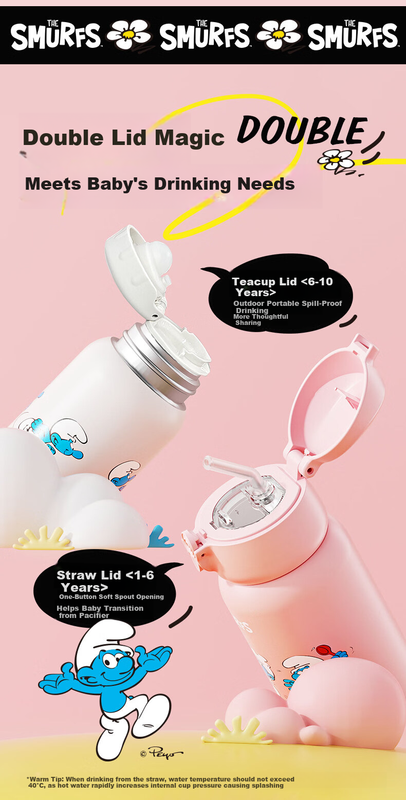 HAERS Smurfs Children's Insulated Straw Water Bottle Kindergarten Primary School 316 Stainless Steel Bright Yellow 500ml 4