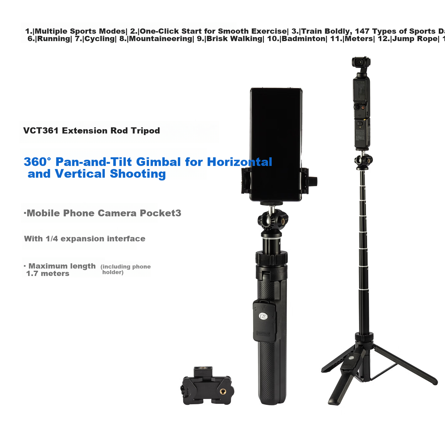 YUNTENG 1.7m Mobile Phone Extension Pole Tripod for DJI Pocket 4/3, Feiyu Luna Desktop Pocket Gimbal, Action Camera Handheld Portable Selfie Stick with Triangular Support
