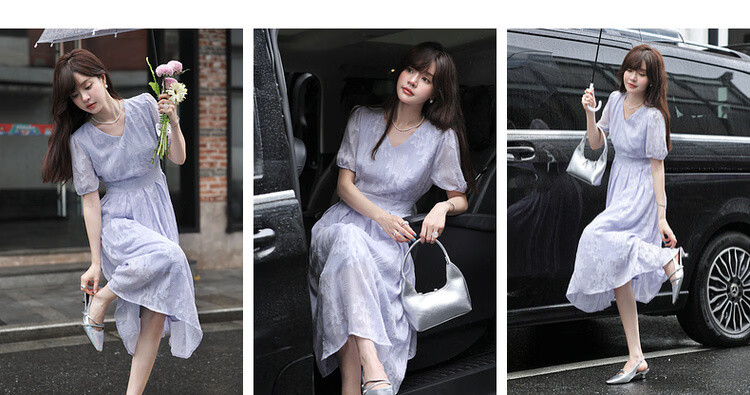 Mt [Mosang Ziyuan] Summer Elegant Socialite V-Neck Textured Jacquard Lightweight Waist-Cinching A-Line Women's Dress 5
