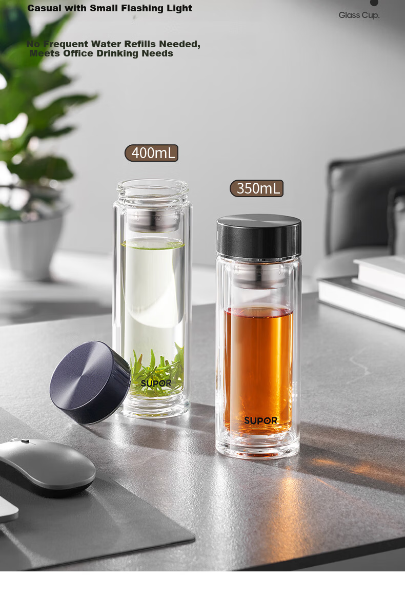 SUPOR Double-Layer Glass Cup for Men, Home and Office, Tea Infuser, Car Water Bottle, 400mL, Starry Night Black 13